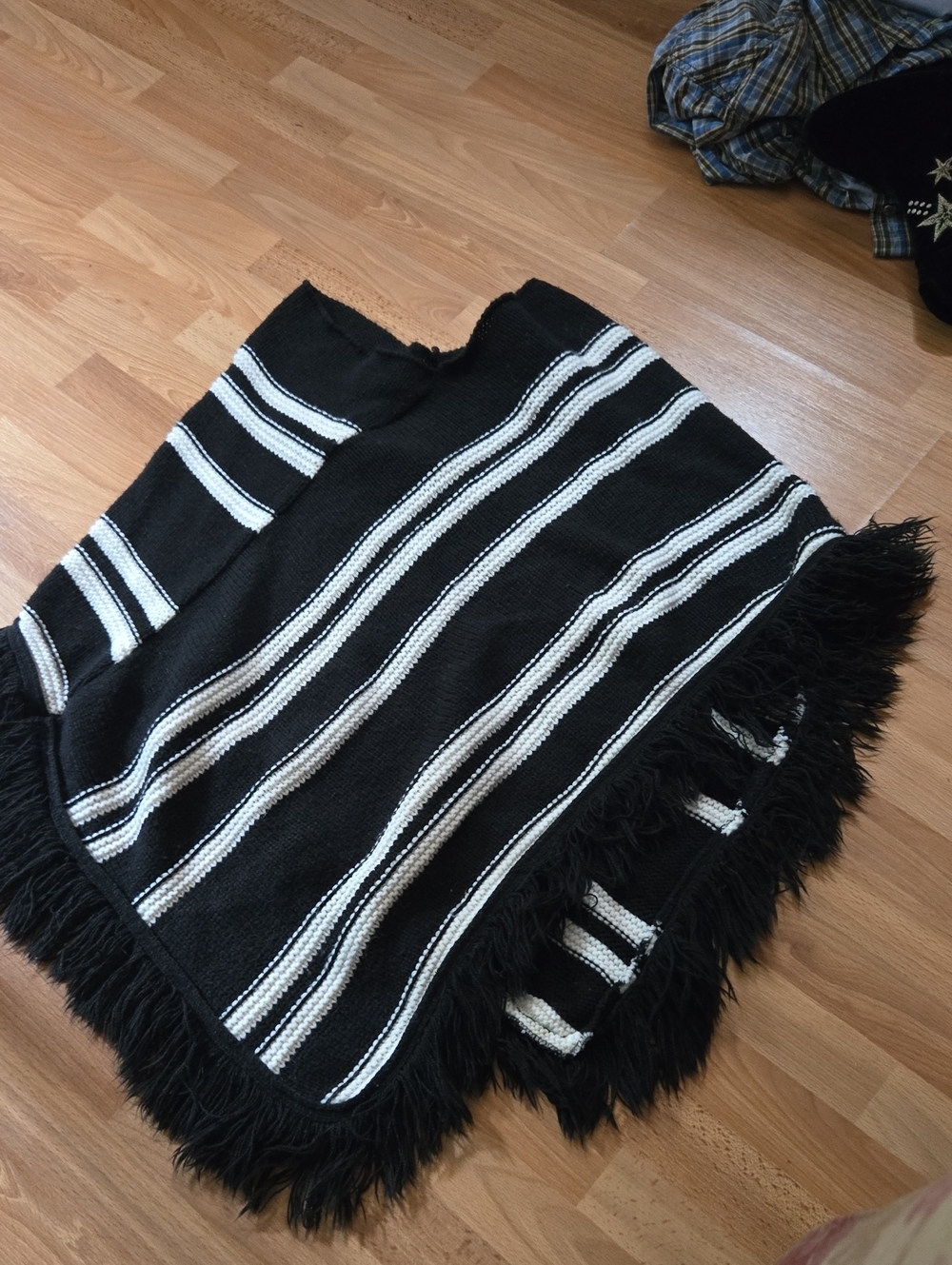 Black & White Striped Fringe Poncho Sweater - Classic Knit